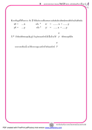 สถาบันสงเสริมการสอนวิทยาศาสตรและเทคโนโลยี
30 เอกสารประกอบการอบรม Thai GSP สสวท. ระดับมัธยมศึกษา (พื้นฐาน)
4. จากขอมูลที่ไดในตาราง ขอ 3 ใหเติมจํานวนเพื่อแสดงความสัมพันธทางพีชคณิตของพิกัดใหมกับพิกัดเดิม
x′ = …x หรือ * x′ = …… x + ……y
y′ = …y หรือ * y′ = ….. x + …..y
5.* ถาเขียนพิกัดของจุด (x,y) ในรูปของเมทริกซ มิติ 2 x 1 จะได พิกัดของจุดที่เกิด
จากการสะทอนนั้น จะไดจากการคูณ เมทริกซ ใดกับเมทริกซ






y
x






y
x
PDF created with FinePrint pdfFactory trial version www.pdffactory.com
 