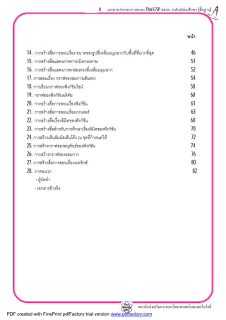 สถาบันสงเสริมการสอนวิทยาศาสตรและเทคโนโลยี
4 เอกสารประกอบการอบรม Thai GSP สสวท. ระดับมัธยมศึกษา (พื้นฐาน)
หนา
14. การสรางสื่อการสอนเรื่อง ขนาดของรูปสี่เหลี่ยมมุมฉากกับพื้นที่ที่มากที่สุด 46
15. การสรางสื่อแสดงภาพการเปดกระดาษ 51
16. การสรางสื่อแสดงภาพกลองทรงสี่เหลี่ยมมุมฉาก 52
17. การสอนเรื่อง กราฟของสมการเสนตรง 54
18. การเขียนกราฟของฟงกชันไซน 58
19. กราฟของฟงกชันอดิศัย 60
20. การสรางสื่อการสอนเรื่องฟงกชัน 61
21. การสรางสื่อการสอนเรื่องเวกเตอร 63
22. การสรางสื่อเรื่องลิมิตของฟงกชัน 68
23. การสรางสื่อสําหรับการศึกษาเรื่องลิมิตของฟงกชัน 70
24. การสรางเสนสัมผัสเสนโคง ณ จุดที่กําหนดให 72
25. การสรางกราฟของอนุพันธของฟงกชัน 74
26. การสรางกราฟของอสมการ 76
27. การสรางสื่อการสอนเรื่องเมทริกซ 80
28. ภาคผนวก 82
- ผูจัดทํา
- เอกสารอางอิง
PDF created with FinePrint pdfFactory trial version www.pdffactory.com
 
