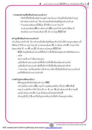 สถาบันสงเสริมการสอนวิทยาศาสตรและเทคโนโลยี
46 เอกสารประกอบการอบรม Thai GSP สสวท. ระดับมัธยมศึกษา (พื้นฐาน)
การแสดงสรางรูปสี่เหลี่ยมดานขนานบนดาน a
- ใหคลิกที่พื้นที่สี่เหลี่ยมจัตุรัส ไปเมนูสราง ซอนบริเวณภายในรูปสี่เหลี่ยมจัตุรัส ทําทุกรูป
- สรางเสนขนานกับดาน a ใหผานดานของสี่เหลี่ยมจัตุรัสที่อยูตรงขามกับดาน a
- กําหนดจุดบนเสนขนานนี้ใหชื่อจุด D ให D สามารถลากไปมาได
ลากสวนของเสนตรง BD ลากเสนขนานกับ BD ผานจุด C สรางจุดตัด ใสชื่อจุด E
ซอนเสนขนาน ลากสวนของเสนตรง CE สรางภายในรูป BCED ใสสี
สรางรูปสี่เหลี่ยมดานขนานบนดาน b
สรางเสนขนานกับดาน b ใหผานดานของสี่เหลี่ยมจัตุรัสที่อยูตรงขามกับดาน bกําหนดจุดบนเสนขนานนี้
ใหชื่อจุด F ให F สามารถลากไปมาได ลากสวนของเสนตรง AF ลากเสนขนานกับ AF ผานจุด C ตัด
เสนขนานที่จุด G ลาก AF และ GC สรางสวนภายในของรูป ACFG ใสสี
ACGF เปนรูปสี่เหลี่ยมดานขนานที่มีพื้นที่เทากับพื้นที่สี่เหลี่ยมจัตุรัสบนดาน bใชหรือไม เพราะ
เหตุใด
ลองลากจุด D และ F เพื่อตรวจสอบดูวา
- รูปสี่เหลี่ยมดานขนานบนดาน a มีพื้นที่เทากับพื้นที่สี่เหลี่ยมจัตุรัสบนดาน a จริง
- รูปสี่เหลี่ยมดานขนานบนดาน b มีพื้นที่เทากับพื้นที่สี่เหลี่ยมจัตุรัสบนดาน b จริง
- การตรวจสอบ ลองใชเมนูวัดเรียก เครื่องคํานวณ เพื่อหาพื้นที่รูปสี่เหลี่ยมดานขนานบนดาน a
และพื้นที่สี่เหลี่ยมดานขนานบนดาน b
การสรางรูปหกเหลี่ยมบนดาน c
ใสชื่อจุดรูปของสี่เหลี่ยมจัตุรัสบนดาน cวา ABIH
- สรางเสนตั้งฉากกับดาน AB ผานจุด C หาจุดตัดของเสนตั้งฉากนี้กับดาน AB ใสชื่อ K
ลงจุด L บนเสนตั้งฉากให L วิ่งไปมาได ลาก IL และ HL สรางเสนขนานกับ IL ผานจุด B
และสรางเสนขนานกับ HL ผานจุด A เสนขนานทั้งสองตัดกันที่จุด M
เลือกจุด A, H, L, I, B และ Lซึ่งเปนรูปหกเหลี่ยม สรางพื้นที่ภายในของรูปหกเหลี่ยม
PDF created with FinePrint pdfFactory trial version www.pdffactory.com
 