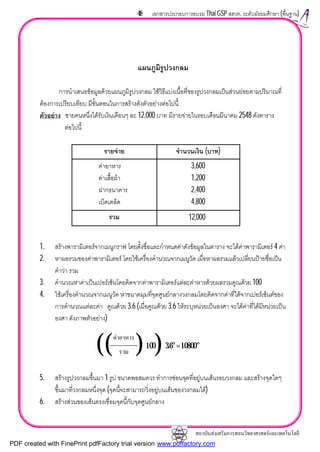 สถาบันสงเสริมการสอนวิทยาศาสตรและเทคโนโลยี
48 เอกสารประกอบการอบรม Thai GSP สสวท. ระดับมัธยมศึกษา (พื้นฐาน)
แผนภูมิรูปวงกลม
การนําเสนอขอมูลดวยแผนภูมิรูปวงกลม ใชวิธีแบงเนื้อที่ของรูปวงกลมเปนสวนยอยตามปริมาณที่
ตองการเปรียบเทียบ มีขั้นตอนในการสรางดังตัวอยางตอไปนี้
ตัวอยาง ชายคนหนึ่งไดรับเงินเดือนๆ ละ 12,000 บาท มีรายจายในรอบเดือนมีนาคม 2548 ดังตาราง
ตอไปนี้
1. สรางพารามิเตอรจากเมนูกราฟ โดยตั้งชื่อและกําหนดคาดังขอมูลในตาราง จะไดคาพารามิเตอร 4 คา
2. หาผลรวมของคาพารามิเตอร โดยใชเครื่องคํานวณจากเมนูวัด เมื่อหาผลรวมแลวเปลี่ยนปายชื่อเปน
คําวา รวม
3. คํานวณหาคาเปนเปอรเซ็นโดยคิดจากคาพารามิเตอรแตละคาหารดวยผลรวมคูณดวย 100
4. ใชเครื่องคํานวณจากเมนูวัด หาขนาดมุมที่จุดศูนยกลางวงกลมโดยคิดจากคาที่ไดจากเปอรเซ็นตของ
การคํานวณแตละคา คูณดวย 3.6 (เมื่อคูณดวย 3.6 ใหระบุหนวยเปนองศา จะไดคาที่ไดมีหนวยเปน
องศา ดังภาพตัวอยาง)
5. สรางรูปวงกลมขึ้นมา 1 รูป ขนาดพอสมควร ทําการซอนจุดที่อยูบนเสนรอบวงกลม และสรางจุดใดๆ
ขึ้นมาที่วงกลมหนึ่งจุด (จุดนี้จะสามารถวิ่งอยูบนเสนของวงกลมได)
6. สรางสวนของเสนตรงเชื่อมจุดนี้กับจุดศูนยกลาง
รายจาย จํานวนเงิน (บาท)
คาอาหาร
คาเสื้อผา
ฝากธนาคาร
เบ็ดเตล็ด
3,600
1,200
2,400
4,800
รวม 12,000
คาอาหาร
รวม( )⋅100( )⋅3.6°= 108.00°
PDF created with FinePrint pdfFactory trial version www.pdffactory.com
 