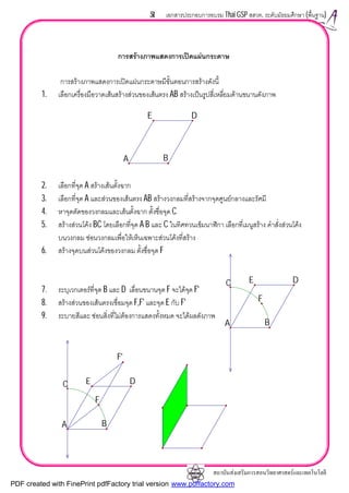 สถาบันสงเสริมการสอนวิทยาศาสตรและเทคโนโลยี
51 เอกสารประกอบการอบรม Thai GSP สสวท. ระดับมัธยมศึกษา (พื้นฐาน)
การสรางภาพแสดงการเปดแผนกระดาษ
การสรางภาพแสดงการเปดแผนกระดาษมีขั้นตอนการสรางดังนี้
1. เลือกเครื่องมือวาดเสนสรางสวนของเสนตรง AB สรางเปนรูปสี่เหลี่ยมดานขนานดังภาพ
2. เลือกที่จุด A สรางเสนตั้งฉาก
3. เลือกที่จุด A และสวนของเสนตรง AB สรางวงกลมที่สรางจากจุดศูนยกลางและรัศมี
4. หาจุดตัดของวงกลมและเสนตั้งฉาก ตั้งชื่อจุด C
5. สรางสวนโคง BC โดยเลือกที่จุด A B และ C ในทิศทวนเข็มนาฬิกา เลือกที่เมนูสราง คําสั่งสวนโคง
บนวงกลม ซอนวงกลมเพื่อใหเห็นเฉพาะสวนโคงที่สราง
6. สรางจุดบนสวนโคงของวงกลม ตั้งชื่อจุด F
7. ระบุเวกเตอรที่จุด B และ D เลื่อนขนานจุด F จะไดจุด F'
8. สรางสวนของเสนตรงเชื่อมจุด F,F' และจุด E กับ F'
9. ระบายสีและ ซอนสิ่งที่ไมตองการแสดงทั้งหมด จะไดผลดังภาพ
E
A B
D
C E
A B
D
F
F'
C E
A B
D
F
PDF created with FinePrint pdfFactory trial version www.pdffactory.com
 