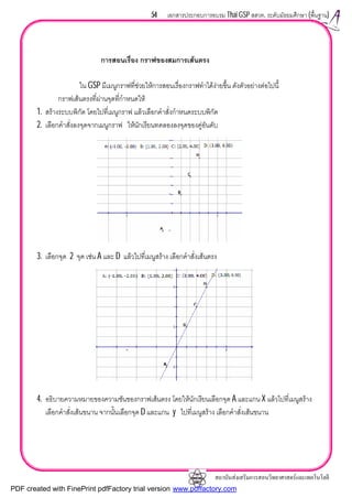 สถาบันสงเสริมการสอนวิทยาศาสตรและเทคโนโลยี
54 เอกสารประกอบการอบรม Thai GSP สสวท. ระดับมัธยมศึกษา (พื้นฐาน)
การสอนเรื่อง กราฟของสมการเสนตรง
ใน GSP มีเมนูกราฟที่ชวยใหการสอนเรื่องกราฟทําไดงายขึ้น ดังตัวอยางตอไปนี้
กราฟเสนตรงที่ผานจุดที่กําหนดให
1. สรางระบบพิกัด โดยไปที่เมนูกราฟ แลวเลือกคําสั่งกําหนดระบบพิกัด
2. เลือกคําสั่งลงจุดจากเมนูกราฟ ใหนักเรียนทดลองลงจุดของคูอันดับ
3. เลือกจุด 2 จุด เชน A และ D แลวไปที่เมนูสราง เลือกคําสั่งเสนตรง
4. อธิบายความหมายของความชันของกราฟเสนตรง โดยใหนักเรียนเลือกจุด A และแกน X แลวไปที่เมนูสราง
เลือกคําสั่งเสนขนาน จากนั้นเลือกจุด D และแกน y ไปที่เมนูสราง เลือกคําสั่งเสนขนาน
PDF created with FinePrint pdfFactory trial version www.pdffactory.com
 
