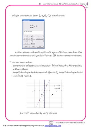 สถาบันสงเสริมการสอนวิทยาศาสตรและเทคโนโลยี
56 เอกสารประกอบการอบรม Thai GSP สสวท. ระดับมัธยมศึกษา (พื้นฐาน)
- ไปที่เมนูวัด เลือกคําสั่งคํานวณ ปอนคา (yD - yA)/(XD - XA) ลงในเครื่องคํานวณ
จะไดคาความชันของกราฟเสนตรงที่ผานจุดที่กําหนดให ครูสามารถใหนักเรียนตรวจสอบคําตอบไดโดย
ใหนักเรียนเลือกกราฟเสนตรงแลวไปที่เมนูวัด เลือกคําสั่งความชัน GSP จะแสดงความชันของกราฟเสนตรงให
7. การหาสมการของกราฟเสนตรง
- เลือกกราฟเสนตรง ไปที่เมนูสราง เลือกคําสั่งจุดบนเสนตรง ตั้งชื่อจุดที่ไดเปนจุด P จุด P นี้สามารถเลื่อนไป
มาไดบนกราฟเสนตรง
- เลือกจุด P แลวไปที่เมนูวัด เลือกคําสั่ง วัดพิกัดที่หนึ่ง (x) จะไดคา XP เลือกจุด P แลวไปที่เมนูวัดเลือกคําสั่ง
วัดพิกัดที่สอง(y) จะไดคา yP
เมื่อลากจุด P จะสังเกตเห็นคา XP และ yP เปลี่ยนเปลง
P
P
P
PDF created with FinePrint pdfFactory trial version www.pdffactory.com
 