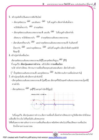 สถาบันสงเสริมการสอนวิทยาศาสตรและเทคโนโลยี
59 เอกสารประกอบการอบรม Thai GSP สสวท. ระดับมัธยมศึกษา (พื้นฐาน)
5. สรางจุดตัดที่จะใชแสดงกราฟฟงกชันไซน
– เลือกจุดอิสระบน และเสนตรง ไปที่ เมนูสราง เลือกคําสั่งเสนตั้งฉาก
จะไดเสนตั้งฉากกับ ผานจุดอิสระ
– เลือกจุดอิสระบนเสนรอบวงของวงกลม A และเสน ไปที่เมนูสรางเลือกคําสั่ง
เสนขนาน จะไดเสนขนานกับ ผานจุดอิสระบนเสนรอบวงของวงกลม
– เลือกเสนตรงที่ขนานกับ และผานจุดอิสระบนเสนรอบวงของวงกลม A กับเสนตรงที่
ตั้งฉากกับ และผานจุดอิสระบน แลวไปที่ เมนูสราง เลือกคําสั่งสรางจุดตัดให
ชื่อจุด Q
6. สรางปุมคําสั่งเคลื่อนไหว
เลือกจุดอิสระบนเสนรอบวงของวงกลม A (P) และจุดอิสระที่อยูบน (P1)
ที่ เมนูแกไข เลือกปุมแสดงการทํางาน แลวไปเลือก การเคลื่อนไหว
จะได หนาตางโตตอบ พิจารณาการเคลื่อนที่ของจุดบนสวนของเสนตรง เลือกไปขางหนา
( * ทั้งจุดอิสระบนเสนรอบวงกลม A และจุดอิสระบน ตองใชความเร็วการเคลื่อนไหวเทากัน)
7. สรางปุมจุดเริ่มตน คลิกเลือกตามลําดับดังนี้
- เลือกจุดอิสระบนเสนรอบวงของวงกลม A (จุดP) และ เลือกจุดที่ใชเปนจุดสรางเสนรอบวงขอวงกลม (จุด A’)
ตามลําดับ
- เลือกจุดอิสระบน จุด(P1) และจุดกําเนิด O (ดูรูป)
ไปที่เมนูแกไข เลือกปุมแสดงการทํางาน เลือกการเคลื่อนที่ เมื่อหนาตางโตตอบปรากฏใหเลือกอัตราเร็วชั่วขณะ
เปลี่ยนชื่อ ปาย เปน ไปที่จุดเริ่มตน แลวตอบตกลง
ไดสื่อที่แสดงกราฟตามตองการ หากการเคลื่อนที่ของเสนกราฟผิดทิศทางตองไปแกที่สมบัติของการเคลื่อนไหว
อีกครั้งตามความเหมาะสม
'OO 'OO
'OO
'OO
'OO
'OO
'OO 'OO
'OO
'OO
'OO
PDF created with FinePrint pdfFactory trial version www.pdffactory.com
 