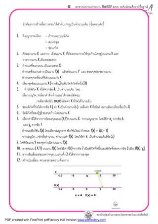 สถาบันสงเสริมการสอนวิทยาศาสตรและเทคโนโลยี
62 เอกสารประกอบการอบรม Thai GSP สสวท. ระดับมัธยมศึกษา (พื้นฐาน)
ถาตองการสรางสื่อการสอนใหคาที่ปรากฏเปนจํานวนเต็ม มีขั้นตอนดังนี้
1. ที่เมนูกราฟเลือก – กําหนดระบบพิกัด
– สแนพจุด
– ซอนกริด
2. คัดลอกแกน X และวาง เลื่อนแกน X ที่คัดลอกมาวางใหจุดกําเนิดอยูบนแกน Y และ
หางจากแกน X เดิมพอสมควร
3. กําหนดชื่อแกนบน เปนแกนของ X
กําหนดชื่อแกนลาง เปนแกน f(x) แลวซอนแกน Y และ ซอนจุดยอ-ขยายแกน
กําหนดจุดเคลื่อนที่อิสระบนแกน X
4. เลือกจุดอิสระบนแกน X (จากขอ3) แลววัดพิกัดที่หนึ่ง( X)
5. ทําใหพิกัด X ที่ไดจากขอ 4. เปนจํานวนเต็ม โดย
เลือกเมนูวัด..>เลือกคําสั่ง คํานวณ ไดกลองโตตอบ
..>เลือกฟงกชัน round เติมคา X ที่วัดไดในวงเล็บ
6. ซอนพิกัดที่วัดไดจากขอ 4 ( คา X เปนจํานวนจริง) เหลือคา X ที่เปนจํานวนเต็มเปลี่ยนชื่อเปน X
7. วัดพิกัดที่สอง( y) ของจุดกําเนิดบนแกน X
8. เลือกคาที่ไดจากการวัดลงจุดแบบ (X,Y) บนแกน X จากเมนูกราฟ โดยใชคาxx จากขอ 6.
และ y0 จากขอ 7
กําหนดฟงกชัน f(x) โดยเลือกเมนูกราฟ ฟงกชันใหม กําหนด f(x) = 2(x – 1)
จากเมนูวัด ..>คําสั่งคํานวณ คํานวณคา f(x) โดยใชคา x เปนจํานวนเต็ม(ขอ 5.)
9. วัดพิกัดแกน Y ของจุดกําเนิด บนแกน f(x)
10. ลงจุดแบบ ( X,Y) บนแกน f(x) โดยใชคา f(x) จากขอ 7 เปนพิกัดที่หนึ่งและพิกัดที่สองจากขอ 8 เปน (f(x), y0)
11. ลากเสนเชื่อมตอระหวางจุดบนแกนทั้ง 2 ที่ไดจากการลงจุด
12. สรางปุมเลื่อน ตกแตงตามความตองการ
PDF created with FinePrint pdfFactory trial version www.pdffactory.com
 