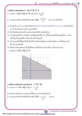 สถาบันสงเสริมการสอนวิทยาศาสตรและเทคโนโลยี
78 เอกสารประกอบการอบรม Thai GSP สสวท. ระดับมัธยมศึกษา (พื้นฐาน)
การเขียนกราฟของอสมการ 0.2x + 0.4y ≤ 14
1. จากอสมการ 0.2x + 0.4y ≤ 14 จะได y ≤
2. จากเมนูกราฟ เลือกคําสั่งฟงกชันใหม พิมพ f(x) = แลววาดกราฟฟงกชันนี้
3. สรางจุด S และ T บนกราฟของฟงกชัน เลือกที่เสนกราฟของฟงกชันเพื่อซอนเสนกราฟ จากนั้นเลือกที่จุด S
และ T สรางเสนตรงแทนเสนกราฟของฟงกชัน
4. เลือกที่จุด S และเสนตรงที่แทนเสนกราฟของฟงกชัน สรางเสนตั้งฉาก
5. สรางจุดบนเสนตั้งฉาก โดยเลือกวางจุดใหอยูเหนือเสนกราฟ ตั้งชื่อจุดเปนจุด R ซอนเสนตั้งฉาก จากนั้น
เลือกที่จุด S และจุด R ตามลําดับ สรางรังสี ซอนจุด R
6. สรางจุดบนรังสี ตั้งชื่อจุด V เลือกที่จุด V และเสนตรงที่อยูบนกราฟ สรางเสนขนาน จะไดเสนขนานกับ
เสนกราฟ ซอนเสนรังสี
6. เลือกสรางรอยบนเสนขนานนี้ เมื่อเลื่อนขนานนี้จะไดอาณาบริเวณที่แรเงา ซึ่งจะแสดงกราฟ
ของอสมการ 0.2x + 0.4y ≤ 14
การเขียนกราฟของสมการจุดประสงค z = 8x + 10y
1. จากสมการ z = 8x + 10y จะได y =
2. สรางพารามิเตอรใหม จากเมนูกราฟ ตั้งชื่อ z กําหนดคาเริ่มตนเปน 0
3. จากเมนูกราฟ เลือกคําสั่งฟงกชันใหม พิมพ f(x) = ดังภาพ
0.4
0.2x-14
10
8 xz −
0.4
0.2x-14
10
8 xz −
PDF created with FinePrint pdfFactory trial version www.pdffactory.com
 