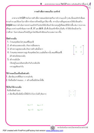 สถาบันสงเสริมการสอนวิทยาศาสตรและเทคโนโลยี
80 เอกสารประกอบการอบรม Thai GSP สสวท. ระดับมัธยมศึกษา (พื้นฐาน)
การสรางสื่อการสอนเรื่อง เมทริกซ
เราสามารถใช GSP ชวยในการสรางสื่อการสอนคณิตศาสตรในการทํางานแบบซ้ําๆ เชน เรื่องเมทริกซ เพื่อลด
ความจําเจ และใชเวลาในการฝกการวิเคราะหโจทยปญหาใหมากขึ้น หากเปนงานที่ครูมอบหมายใหนักเรียนสราง
template ของการดําเนินการระหวางเมทริกซ ก็จะชวยใหนักเรียนจํานิยามทฤษฎีหรือสมบัติไดงายขึ้น เชน การบวก ลบ
หรือคูณ ระหวางเมทริกซและการหา At
, A-1
และ det A เมื่อ A เปนเมทริกซใดๆ เปนตน ทําใหนักเรียนมีเวลาใน
การศึกษา วิเคราะหและแกโจทยปญหาโดยใชเมทริกซชวยแกระบบสมการมากขึ้น
วิธีสรางวงเล็บ
1. กําหนดจุดอิสระใดๆ สมมติชื่อจุด A
2. สรางสวนบนของวงเล็บ ดวยการเลื่อนขนาน
3. สรางความสูงของวงเล็บ ดวยการสรางเสนตั้งฉาก
4. กําหนดขนาดของความสูง ดวยจุดอิสระใดๆ บนเสนตั้งฉากนั้น สมมติชื่อจุด B
สรางสวนปดของวงเล็บ
5. สรางวงเล็บปด
- ตองอยูในแนวเสนตรงเดียวกันกับวงเล็บเปด
- ความสูงตองเทากัน
วิธีกําหนดเปนเครื่องมือสวนตัว
1. เลือกอ็อบเจกตที่ตองการ ตามลําดับ
2. ที่เครื่องมือกําหนดเอง .. > สรางเครื่องมือใหม ตั้งชื่อ
วิธีเรียกใชงานวงเล็บ
ที่เครื่องมือสรางเอง
..> เลือกชื่อเครื่องมือที่เราตั้งชื่อไว นําไปวางในที่ๆ ตองการ
1 -1
3 2
1 -1
3 2
a11 = 1 a12 = -1
a21 = 3 a22 = 2
PDF created with FinePrint pdfFactory trial version www.pdffactory.com
 