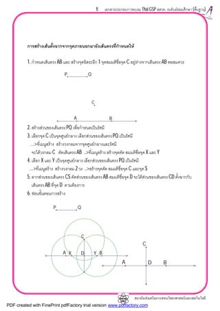 สถาบันสงเสริมการสอนวิทยาศาสตรและเทคโนโลยี
9 เอกสารประกอบการอบรม Thai GSP สสวท. ระดับมัธยมศึกษา (พื้นฐาน)
การสรางเสนตั้งฉากจากจุดภายนอกมายังเสนตรงที่กําหนดให
1. กําหนดเสนตรง AB และ สรางจุดอิสระอีก 1 จุดสมมติชื่อจุด C อยูหางจากเสนตรง AB พอสมควร
2. สรางสวนของเสนตรง PQ เพื่อกําหนดเปนรัศมี
3. เลือกจุด C เปนจุดศูนยกลาง เลือกสวนของเสนตรง PQ เปนรัศมี
…>ที่เมนูสราง สรางวงกลมจากจุดศูนยกลางและรัศมี
จะไดวงกลม C ตัดเสนตรง AB ..>ที่เมนูสราง สรางจุดตัด สมมติชื่อจุด X และ Y
4. เลือก X และ Y เปนจุดศูนยกลาง เลือกสวนของเสนตรง PQ เปนรัศมี
…>ที่เมนูสราง สรางวงกลม 2 วง ..>สรางจุดตัด สมมติชื่อจุด C และจุด S
5. ลากสวนของเสนตรง CS ตัดสวนของเสนตรง AB สมมติชื่อจุด D จะไดสวนของเสนตรง CD ตั้งฉากกับ
เสนตรง AB ที่จุด D ตามตองการ
6. ซอนขั้นตอนการสราง
D YXA B
C
P Q
DA B
C
A B
C
P Q
PDF created with FinePrint pdfFactory trial version www.pdffactory.com
 