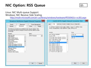 NIC Option: RSS Queue
Linux: NIC Multi-queue Support
Windows: NIC Receive Side Scaling
http://msdn.microsoft.com/en-us/library/windows/hardware/ff556942(v=vs.85).aspx
 