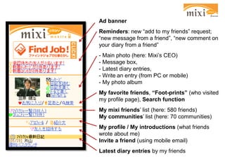 Ad banner
Reminders: new “add to my friends” request;
“new message from a friend”, “new comment on
your diary from a friend”
- Main photo (here: Mixi’s CEO)
- Message box,
- Latest diary entries,
- Write an entry (from PC or mobile)
- My photo album
My favorite friends, “Foot-prints” (who visited
my profile page), Search function
My mixi friends’ list (here: 580 friends)
My communities’ list (here: 70 communities)
My profile / My introductions (what friends
wrote about me)
Invite a friend (using mobile email)
Latest diary entries by my friends