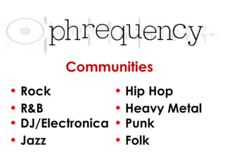 Communities Rock Hip Hop R&B DJ/Electronica Heavy Metal Punk Jazz Folk 