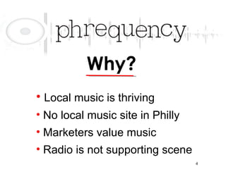 Why? Local music is thriving No local music site in Philly Marketers value music Radio is not supporting scene 