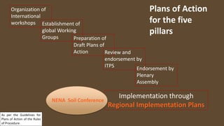 Plans of Action
for the five
pillars
As per the Guidelines for
Plans of Action of the Rules
of Procedure.
Organization of
International
workshops Establishment of
global Working
Groups Preparation of
Draft Plans of
Action Review and
endorsement by
ITPS Endorsement by
Plenary
Assembly
Implementation through
Regional Implementation Plans
NENA Soil Conference
 