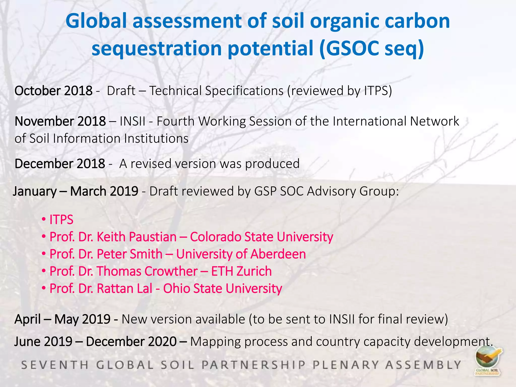 Global assessment of soil organic carbon
sequestration potential (GSOC seq)
January – March 2019 - Draft reviewed by GSP SOC Advisory Group:
• ITPS
• Prof. Dr. Keith Paustian – Colorado State University
• Prof. Dr. Peter Smith – University of Aberdeen
• Prof. Dr. Thomas Crowther – ETH Zurich
• Prof. Dr. Rattan Lal - Ohio State University
October 2018 - Draft – Technical Specifications (reviewed by ITPS)
November 2018 – INSII - Fourth Working Session of the International Network
of Soil Information Institutions
December 2018 - A revised version was produced
April – May 2019 - New version available (to be sent to INSII for final review)
June 2019 – December 2020 – Mapping process and country capacity development.
 