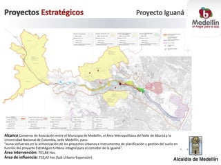 1
Alcance Convenio de Asociación entre el Municipio de Medellín, el Área Metropolitana del Valle de Aburrá y la
Universidad Nacional de Colombia, sede Medellín, para:
“aunar esfuerzos en la armonización de los proyectos urbanos e instrumentos de planificación y gestión del suelo en
función del proyecto Estratégico Urbano integral para el corredor de la Iguaná”.
Área Intervención: 701,88 Has.
Área de influencia: 710,42 has (Sub Urbano-Expansión)
 
