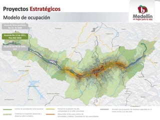 Contener la ocupación expansiva y
dispersa sobre la ladera
Desarrollar el Río como centro de
Actividades y hábitat: Consolidación de centralidades
Limitar la conurbación entre ancones Fomentar ocupación de alta
complejidad en el valle conurbado
Permitir una ocupación de mediana capacidad en el
tramo norte y sur del valle.
Acuerdo Metropolitano
No 15 de 2006
Acuerdo No 13 de 2011,
Plan BIO 2030
+
Acuerdo No 46 de 2006,
POT
+
 