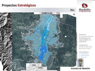 Río Aburrá:
Eje articulador del Valle
Recualificación del
espacio público a lo
largo del río.
Componentes:
Ambiental, Movilidad,
Renovación Urbana.
Planes Maestro:
1. Tramo Norte
2. Tramo Central
3. Tramo Sur
1
2
3
San Cristobal
 