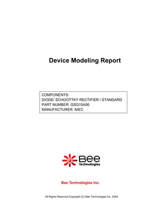 Device Modeling Report




COMPONENTS:
DIODE/ SCHOOTTKY RECTIFIER / STANDARD
PART NUMBER: GSQ10A06
MANUFACTURER: NIEC




              Bee Technologies Inc.


 All Rights Reserved Copyright (C) Bee Technologies Inc. 2004
 