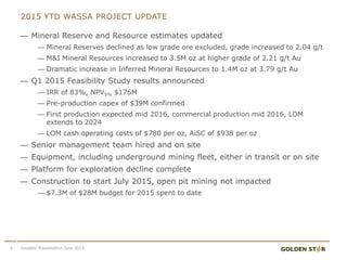2015 YTD WASSA PROJECT UPDATE
— Mineral Reserve and Resource estimates updated
— Mineral Reserves declined as low grade ore excluded, grade increased to 2.04 g/t
— M&I Mineral Resources increased to 3.5M oz at higher grade of 2.21 g/t Au
— Dramatic increase in Inferred Mineral Resources to 1.4M oz at 3.79 g/t Au
— Q1 2015 Feasibility Study results announced
— IRR of 83%, NPV5% $176M
— Pre-production capex of $39M confirmed
— First production expected mid 2016, commercial production mid 2016, LOM
extends to 2024
— LOM cash operating costs of $780 per oz, AiSC of $938 per oz
— Senior management team hired and on site
— Equipment, including underground mining fleet, either in transit or on site
— Platform for exploration decline complete
— Construction to start July 2015, open pit mining not impacted
— $7.3M of $28M budget for 2015 spent to date
9 Investor Presentation June 2015
 
