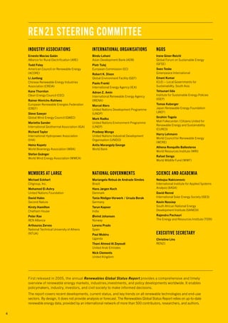 4
First released in 2005, the annual Renewables Global Status Report provides a comprehensive and timely
overview of renewable energy markets, industries,investments, and policy developments worldwide. It enables
policymakers, industry, investors, and civil society to make informed decisions.
The report covers recent developments, current status, and key trends on all renewable technologies and end-use
sectors. By design, it does not provide analysis or forecast. The Renewables Global Status Report relies on up-to-date
renewable energy data, provided by an international network of more than 500 contributors, researchers, and authors.
REN21 STEERING COMMITTEE
INDUSTRY ASSOCIATIONS
Ernesto Macías Galán
Alliance for Rural Electrification (ARE)
Todd Foley
American Council on Renewable Energy
(ACORE)
Li Junfeng
Chinese Renewable Energy Industries
Association (CREIA)
Kane Thornton
Clean Energy Council (CEC)
Rainer Hinrichs-Rahlwes
European Renewable Energies Federation
(EREF)
Steve Sawyer
Global Wind Energy Council (GWEC)
Marietta Sander
International Geothermal Association (IGA)
Richard Taylor
International Hydropower Association
(IHA)
Heinz Kopetz
World Bioenergy Association (WBA)
Stefan Gsänger
World Wind Energy Association (WWEA)
INTERNATIONAL ORGANISATIONS
Bindu Lohani
Asian Development Bank (ADB)
Piotr Tulej
European Commission (EC)
Robert K. Dixon
Global Environment Facility (GEF)
Paolo Frankl
International Energy Agency (IEA)
Adnan Z. Amin
International Renewable Energy Agency
(IRENA)
Marcel Alers
United Nations Development Programme
(UNDP)
Mark Radka
United Nations Environment Programme
(UNEP)
Pradeep Monga
United Nations Industrial Development
Organisation (UNIDO)
Anita Marangoly George
World Bank
NGOS
Irene Giner-Reichl
Global Forum on Sustainable Energy
(GFSE)
Sven Teske
Greenpeace International
Emani Kumar
ICLEI – Local Governments for
Sustainability, South Asia
Tetsunari Iida
Institute for Sustainable Energy Policies
(ISEP)
Tomas Kaberger
Japan Renewable Energy Foundation
(JREF)
Ibrahim Togola
Mali Folkecenter / Citizens United for
Renewable Energy and Sustainability
(CURES)
Harry Lehmann
World Council for Renewable Energy
(WCRE)
Athena Ronquillo Ballesteros
World Resources Institute (WRI)
Rafael Senga
World Wildlife Fund (WWF)
MEMBERS AT LARGE
Michael Eckhart
Citigroup, Inc.
Mohamed El-Ashry
United Nations Foundation
David Hales
Second Nature
Kirsty Hamilton
Chatham House
Peter Rae
REN Alliance
Arthouros Zervos
National Technical University of Athens
(NTUA)
NATIONAL GOVERNMENTS
Mariangela Rebuá de Andrade Simões
Brazil
Hans Jørgen Koch
Denmark
Tania Rödiger-Vorwerk / Ursula Borak
Germany
Tarun Kapoor
India
Øivind Johansen
Norway
Lorena Prado
Spain
Paul Mubiru
Uganda
Thani Ahmed Al Zeyoudi
United Arab Emirates
Nick Clements
United Kingdom
SCIENCE AND ACADEMIA
Nebojsa Nakicenovic
International Institute for Applied Systems
Analysis (IIASA)
David Renné
International Solar Energy Society (ISES)
Kevin Nassiep
South African National Energy
Development Institute (SANEDI)
Rajendra Pachauri
The Energy and Resources Institute (TERI)
EXECUTIVE SECRETARY
Christine Lins
REN21
4
 