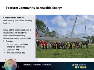 Feature: Community Renewable Energy
Consolidated data on
community initiatives are very
limited
Since 2008, there has been a
marked rise in initiatives
focused on community
renewable energy, especially
in Europe:
➜ Europe: more than 2800
energy co-operatives
➜ Germany: 772
➜ The Netherlands: 500
 