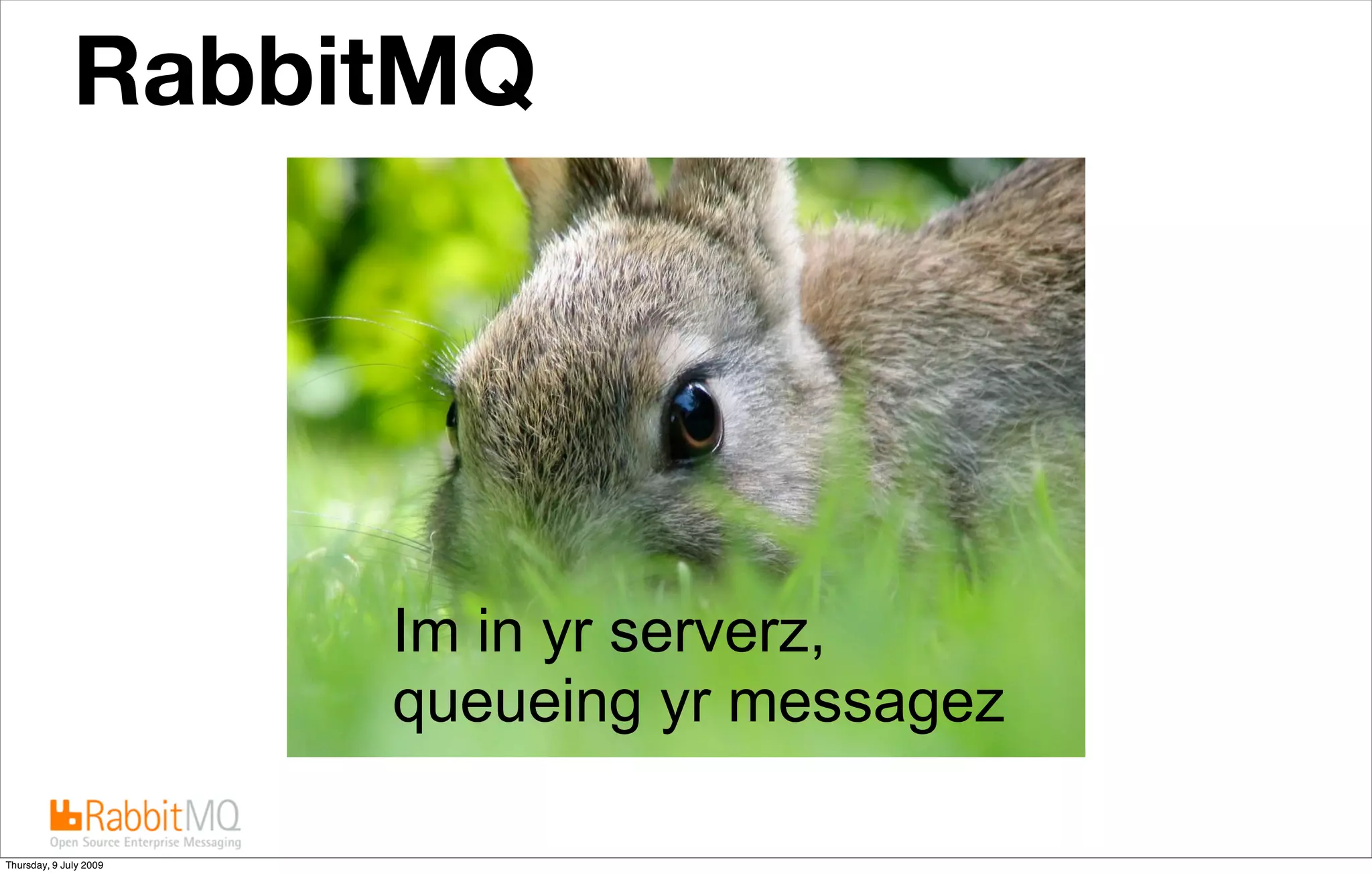 RabbitMQThank you!




                        Im in yr serverz,
                        queueing yr messagez
                        Photo credit: http://flickr.com/photos/53366513@N00/67046506/



Thursday, 9 July 2009
 