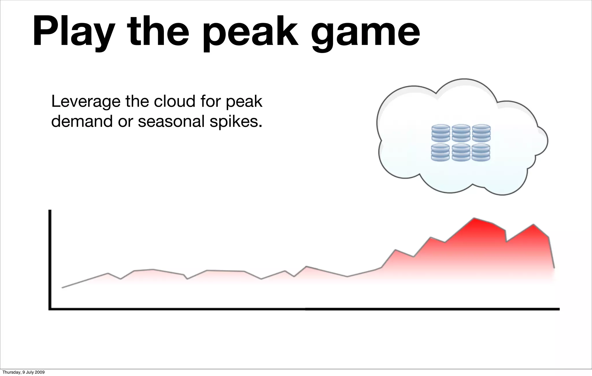 Play the peak game                      Scale conﬁdently



                        Leverage the cloud for peak
                        demand or seasonal spikes.




Thursday, 9 July 2009
 