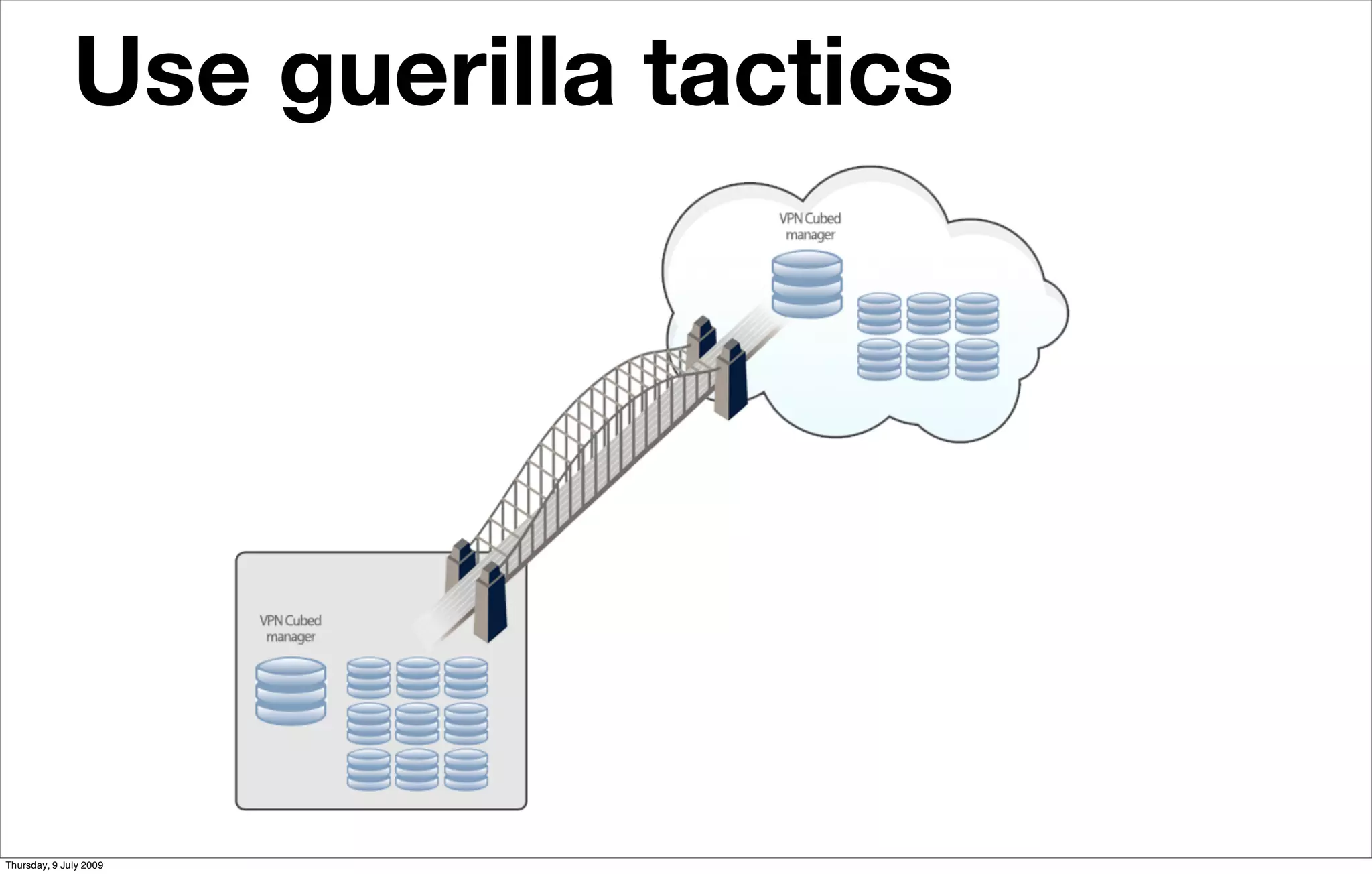 Use guerilla tactics
                        Hybrid solutions allow for cautious migration




Thursday, 9 July 2009
 
