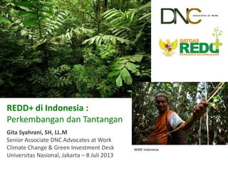 WWF-Indonesia
REDD+ di Indonesia :
Perkembangan dan Tantangan
Gita Syahrani, SH, LL.M
Senior Associate DNC Advocates at Work
Climate Change & Green Investment Desk
Universitas Nasional, Jakarta – 8 Juli 2013
 