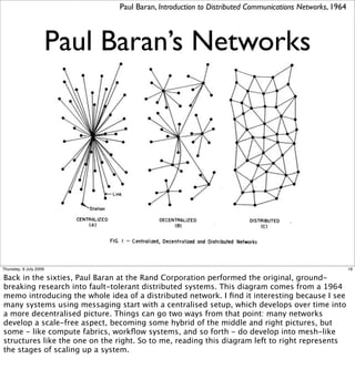Paul Baran, Introduction to Distributed Communications Networks, 1964



                        Paul Baran’s Networks




Thursday, 9 July 2009                                                                                  19

Back in the sixties, Paul Baran at the Rand Corporation performed the original, ground-
breaking research into fault-tolerant distributed systems. This diagram comes from a 1964
memo introducing the whole idea of a distributed network. I ﬁnd it interesting because I see
many systems using messaging start with a centralised setup, which develops over time into
a more decentralised picture. Things can go two ways from that point: many networks
develop a scale-free aspect, becoming some hybrid of the middle and right pictures, but
some - like compute fabrics, workﬂow systems, and so forth - do develop into mesh-like
structures like the one on the right. So to me, reading this diagram left to right represents
the stages of scaling up a system.
 