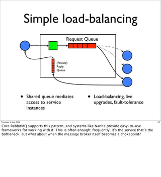Simple load-balancing
                                                Request Queue



                                         (Private)
                                         Reply
                                         Queue




                        •   Shared queue mediates       •   Load-balancing, live
                            access to service               upgrades, fault-tolerance
                            instances

Thursday, 9 July 2009                                                                           22

Core RabbitMQ supports this pattern, and systems like Nanite provide easy-to-use
frameworks for working with it. This is often enough: frequently, it’s the service that’s the
bottleneck. But what about when the message broker itself becomes a chokepoint?
 