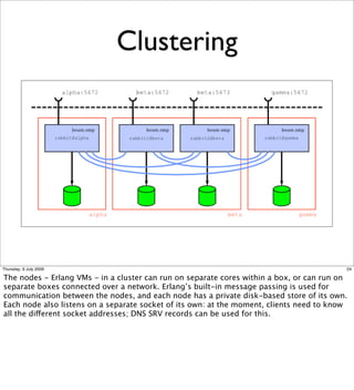 Clustering




Thursday, 9 July 2009                                                                     24

The nodes - Erlang VMs - in a cluster can run on separate cores within a box, or can run on
separate boxes connected over a network. Erlang’s built-in message passing is used for
communication between the nodes, and each node has a private disk-based store of its own.
Each node also listens on a separate socket of its own: at the moment, clients need to know
all the different socket addresses; DNS SRV records can be used for this.
 