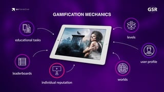 GAMIFICATION MECHANICS
levels
leaderboards
educa'onal tasks
worlds
user proﬁle
individual reputa'on
 
