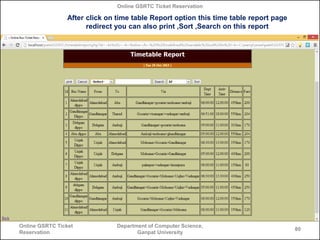 Online GSRTC Ticket Reservation

After click on time table Report option this time table report page
redirect you can also print ,Sort ,Search on this report

Online GSRTC Ticket
Reservation

Department of Computer Science,
Ganpat University

80

 