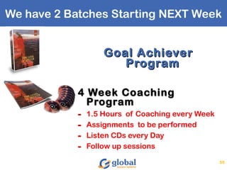 We have 2 Batches Starting NEXT Week
50
Goal AchieverGoal Achiever
ProgramProgram
4 Week Coaching4 Week Coaching
ProgramProgram
- 1.5 Hours of Coaching every Week
- Assignments to be performed
- Listen CDs every Day
- Follow up sessions
 