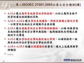 導入ISO/IEC 27001:2005必要之安全機制(續)

   A.11.6 建立應用系統與資訊存取控制，以防止應用系統中
    的資訊遭未經授權的存取
   A.12.1~A.12.6 建立資訊系統獲取、開發及維護之解決方案
    ，以對資訊系統的生命週期作妥善保護
   A.13.1 建立通報資訊安全事件與弱點機制，以確 保與資訊
    系統相關的資訊安全事件與弱點，能夠被採取及時矯正措
    施的方式傳達
   A.13.2 建立資訊安全事故與改進之管理，以確保採用一致
    與有效的作法於資訊安全事故的管理
   A.15.1~A.15.3 依據法規遵循性的要求，建立上述處理與管
    理機制
   ……

15
 