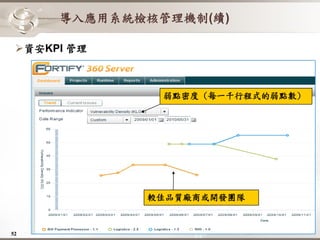 導入應用系統檢核管理機制(續)

 資安KPI 管理



               弱點密度 (每一千行程式的弱點數)




             較佳品質廠商或開發團隊


52
 