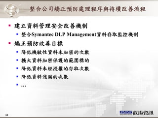 整合公司矯正預防處理程序與持續改善流程

   建立資料管理安全改善機制
      整合Symantec DLP Management資料存取監控機制
   矯正預防改善目標
      降低機敏性資料未加密的次數
      擴大資料加密保護的範圍標的
      降低資料未經授權的存取次數
      降低資料洩漏的次數
      …




64
 