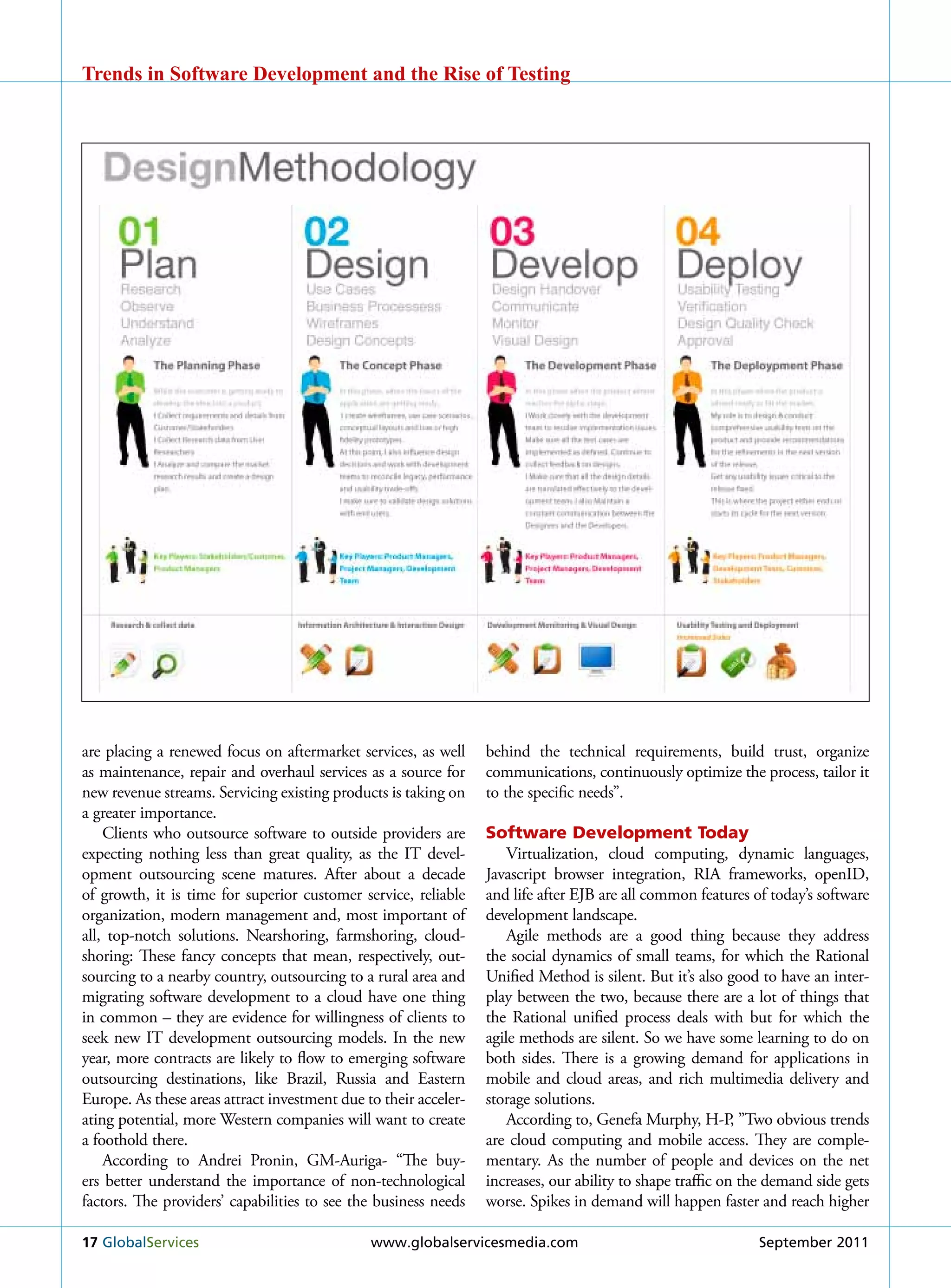 Trends in Software Development and the Rise of Testing




are placing a renewed focus on aftermarket services, as well      behind the technical requirements, build trust, organize
as maintenance, repair and overhaul services as a source for      communications, continuously optimize the process, tailor it
new revenue streams. Servicing existing products is taking on     to the specific needs”.
a greater importance.
    Clients who outsource software to outside providers are       Software Development Today
expecting nothing less than great quality, as the IT devel-           Virtualization, cloud computing, dynamic languages,
opment outsourcing scene matures. After about a decade            Javascript browser integration, rIA frameworks, openID,
of growth, it is time for superior customer service, reliable     and life after EJB are all common features of today’s software
organization, modern management and, most important of            development landscape.
all, top-notch solutions. Nearshoring, farmshoring, cloud-            Agile methods are a good thing because they address
shoring: These fancy concepts that mean, respectively, out-       the social dynamics of small teams, for which the rational
sourcing to a nearby country, outsourcing to a rural area and     unified Method is silent. But it’s also good to have an inter-
migrating software development to a cloud have one thing          play between the two, because there are a lot of things that
in common – they are evidence for willingness of clients to       the rational unified process deals with but for which the
seek new IT development outsourcing models. In the new            agile methods are silent. So we have some learning to do on
year, more contracts are likely to flow to emerging software      both sides. There is a growing demand for applications in
outsourcing destinations, like Brazil, russia and Eastern         mobile and cloud areas, and rich multimedia delivery and
Europe. As these areas attract investment due to their acceler-   storage solutions.
ating potential, more Western companies will want to create           According to, Genefa Murphy, H-P, ”Two obvious trends
a foothold there.                                                 are cloud computing and mobile access. They are comple-
    According to Andrei Pronin, GM-Auriga- “The buy-              mentary. As the number of people and devices on the net
ers better understand the importance of non-technological         increases, our ability to shape traffic on the demand side gets
factors. The providers’ capabilities to see the business needs    worse. Spikes in demand will happen faster and reach higher

17 Globalservices                              www.globalservicesmedia.com                                    september 2011
 
