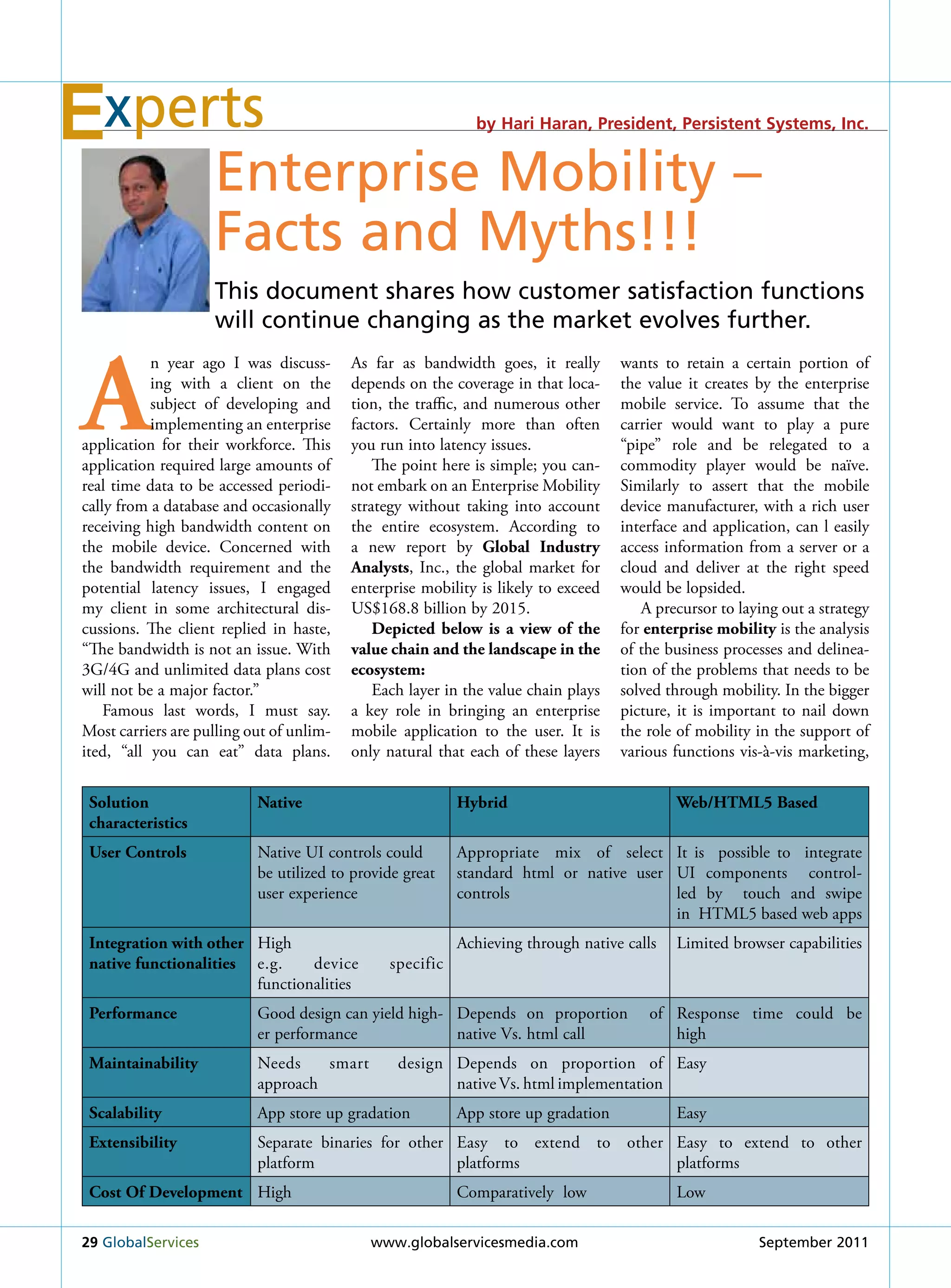 xperts                                                    by hari haran, President, Persistent Systems, inc.


                    Enterprise Mobility –
                    Facts and Myths!!!
                    this document shares how customer satisfaction functions
                    will continue changing as the market evolves further.



A
           n year ago I was discuss-      As far as bandwidth goes, it really       wants to retain a certain portion of
           ing with a client on the       depends on the coverage in that loca-     the value it creates by the enterprise
           subject of developing and      tion, the traffic, and numerous other     mobile service. To assume that the
           implementing an enterprise     factors. Certainly more than often        carrier would want to play a pure
application for their workforce. This     you run into latency issues.              “pipe” role and be relegated to a
application required large amounts of         The point here is simple; you can-    commodity player would be naïve.
real time data to be accessed periodi-    not embark on an Enterprise Mobility      Similarly to assert that the mobile
cally from a database and occasionally    strategy without taking into account      device manufacturer, with a rich user
receiving high bandwidth content on       the entire ecosystem. According to        interface and application, can l easily
the mobile device. Concerned with         a new report by Global Industry           access information from a server or a
the bandwidth requirement and the         Analysts, Inc., the global market for     cloud and deliver at the right speed
potential latency issues, I engaged       enterprise mobility is likely to exceed   would be lopsided.
my client in some architectural dis-      uS$168.8 billion by 2015.                    A precursor to laying out a strategy
cussions. The client replied in haste,        Depicted below is a view of the       for enterprise mobility is the analysis
“The bandwidth is not an issue. With      value chain and the landscape in the      of the business processes and delinea-
3G/4G and unlimited data plans cost       ecosystem:                                tion of the problems that needs to be
will not be a major factor.”                  Each layer in the value chain plays   solved through mobility. In the bigger
    Famous last words, I must say.        a key role in bringing an enterprise      picture, it is important to nail down
Most carriers are pulling out of unlim-   mobile application to the user. It is     the role of mobility in the support of
ited, “all you can eat” data plans.       only natural that each of these layers    various functions vis-à-vis marketing,


 Solution                  native                          Hybrid                           Web/HtMl5 Based
 characteristics
 user Controls             Native uI controls could        Appropriate mix of select It is possible to integrate
                           be utilized to provide great    standard html or native user uI components control-
                           user experience                 controls                     led by   touch and swipe
                                                                                        in  HTML5 based web apps
 Integration with other High                               Achieving through native calls   Limited browser capabilities
 native functionalities e.g.    device          specific
                        functionalities
 Performance               Good design can yield high- Depends on proportion            of response time could be
                           er performance              native Vs. html call                high
 Maintainability           Needs    smart        design Depends on proportion of Easy
                           approach                     native Vs. html implementation
 Scalability               App store up gradation          App store up gradation           Easy
 Extensibility             Separate binaries for other Easy to extend to other Easy to extend to other
                           platform                    platforms               platforms
 Cost of Development High                                  Comparatively low                Low

29 Globalservices                            www.globalservicesmedia.com                                 september 2011
 