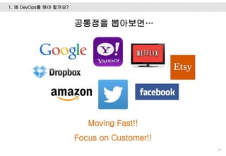 1. 왜 DevOps를 해야 할까요?
16
공통점을 뽑아보면…
Moving Fast!!
Focus on Customer!!
 