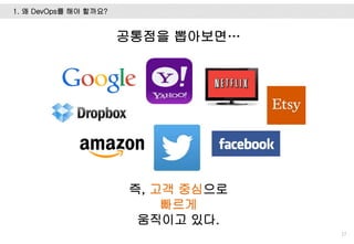 1. 왜 DevOps를 해야 할까요?
17
공통점을 뽑아보면…
즉, 고객 중심으로
빠르게
움직이고 있다.
 