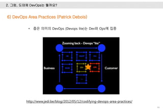 2. 그럼, 도데체 DevOps는 뭘까요?
44
http://www.jedi.be/blog/2012/05/12/codifying-devops-area-practices/
6) DevOps Area Practices (Patrick Debois)
• 좁은 의미의 DevOps (Devops lite)는 Dev와 Ops에 집중
 