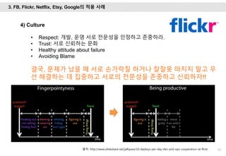 61
4) Culture
• Respect: 개발, 운영 서로 전문성을 인정하고 존중하라.
• Trust: 서로 신뢰하는 문화
• Healthy attitude about failure
• Avoiding Blame
결국, 문제가 났을 때 서로 손가락질 하거나 잘잘못 따지지 말고 우
선 해결하는 데 집중하고 서로의 전문성을 존중하고 신뢰하자!!
출처: http://www.slideshare.net/jallspaw/10-deploys-per-day-dev-and-ops-cooperation-at-flickr
3. FB, Flickr, Netflix, Etsy, Google의 적용 사례
 