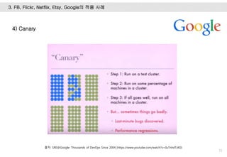71
3. FB, Flickr, Netflix, Etsy, Google의 적용 사례
4) Canary
출처: SRE@Google: Thousands of DevOps Since 2004 (https://www.youtube.com/watch?v=iIuTnhdTzK0)
 