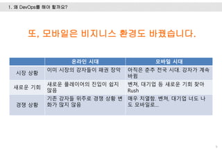 1. 왜 DevOps를 해야 할까요?
9
또, 모바일은 비지니스 환경도 바꿨습니다.
온라인 시대 모바일 시대
시장 상황
이미 시장의 강자들이 패권 장악 아직은 춘추 전국 시대. 강자가 계속
바뀜
새로운 기회
새로운 플레이어의 진입이 쉽지
않음
벤쳐, 대기업 등 새로운 기회 찾아
Rush
경쟁 상황
기존 강자들 위주로 경쟁 상황 변
화가 많지 않음
매우 치열함. 벤쳐, 대기업 너도 나
도 모바일로…
 