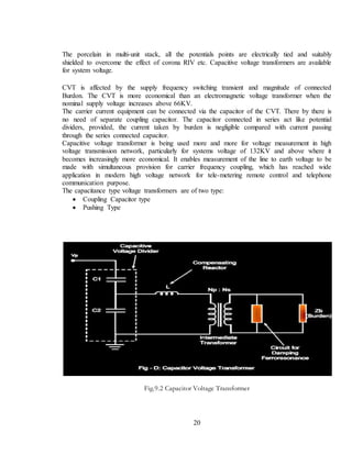 20
The porcelain in multi-unit stack, all the potentials points are electrically tied and suitably
shielded to overcome the effect of corona RIV etc. Capacitive voltage transformers are available
for system voltage.
CVT is affected by the supply frequency switching transient and magnitude of connected
Burdon. The CVT is more economical than an electromagnetic voltage transformer when the
nominal supply voltage increases above 66KV.
The carrier current equipment can be connected via the capacitor of the CVT. There by there is
no need of separate coupling capacitor. The capacitor connected in series act like potential
dividers, provided, the current taken by burden is negligible compared with current passing
through the series connected capacitor.
Capacitive voltage transformer is being used more and more for voltage measurement in high
voltage transmission network, particularly for systems voltage of 132KV and above where it
becomes increasingly more economical. It enables measurement of the line to earth voltage to be
made with simultaneous provision for carrier frequency coupling, which has reached wide
application in modern high voltage network for tele-metering remote control and telephone
communication purpose.
The capacitance type voltage transformers are of two type:
 Coupling Capacitor type
 Pushing Type
Fig.9.2 Capacitor Voltage Transformer
 