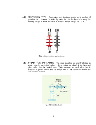 6
4.1.2 SUSPENSION TYPE: Suspension type insulators consist of a number of
porcelain disc connected in series by metal links in the form of a string. Its
working voltage is 66KV. Each disc is designed for low voltage for 11KV.
Fig.4.2 Suspension type insulators
4.1.3 STRAIN TYPE INSULATOR: The strain insulators are exactly identical in
shape with the suspension insulators. These strings are placed in the horizontal
plane rather than the vertical plane. These insulators are used where line is
subjected to greater tension. For low voltage lines (< 11KV) shackle insulator are
used as strain insulator.
Fig.4.3 Strain Insulators
 