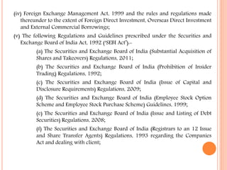 (iv) Foreign Exchange Management Act, 1999 and the rules and regulations made
thereunder to the extent of Foreign Direct Investment, Overseas Direct Investment
and External Commercial Borrowings;
(v) The following Regulations and Guidelines prescribed under the Securities and
Exchange Board of India Act, 1992 (‘SEBI Act’):-
(a) The Securities and Exchange Board of India (Substantial Acquisition of
Shares and Takeovers) Regulations, 2011;
(b) The Securities and Exchange Board of India (Prohibition of Insider
Trading) Regulations, 1992;
(c) The Securities and Exchange Board of India (Issue of Capital and
Disclosure Requirements) Regulations, 2009;
(d) The Securities and Exchange Board of India (Employee Stock Option
Scheme and Employee Stock Purchase Scheme) Guidelines, 1999;
(e) The Securities and Exchange Board of India (Issue and Listing of Debt
Securities) Regulations, 2008;
(f) The Securities and Exchange Board of India (Registrars to an 12 Issue
and Share Transfer Agents) Regulations, 1993 regarding the Companies
Act and dealing with client;
 