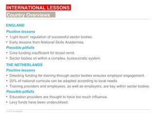 ENGLAND Positive   lessons ‘ Light touch’ regulation of successful sector bodies. Early lessons from National Skills Academies. Possible pitfalls Core funding insufficient for broad remit. Sector bodies sit within a complex, bureaucratic system. THE NETHERLANDS Positive lessons Directing funding for training through sector bodies ensures employer engagement. 20% of national curricula can be adapted according to local needs. Training providers and employees, as well as employers, are key within sector bodies. Possible pitfalls Education providers are thought to have too much influence. Levy funds have been underutilised. INTERNATIONAL LESSONS © CITY & GUILDS Country Overviews 